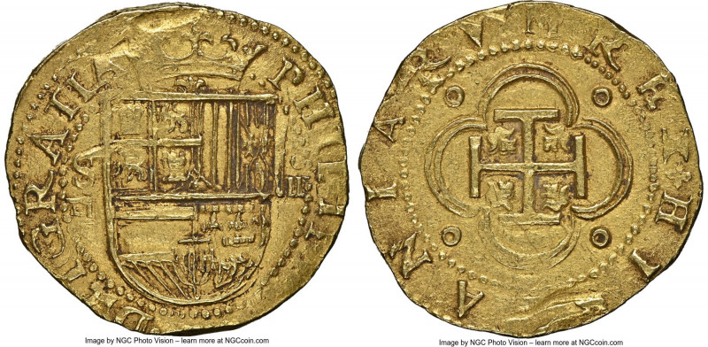 Philip II gold Cob 4 Escudos ND (1566-1587) S-D AU58 NGC, Seville mint, Cal-887,...