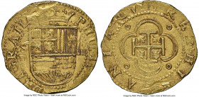 Philip II gold Cob 4 Escudos ND (1566-1587) S-D AU58 NGC, Seville mint, Cal-887, Cay-4143, Oro Macuquino-11a. 13.52gm. Variety with DRI GRATIA spellin...
