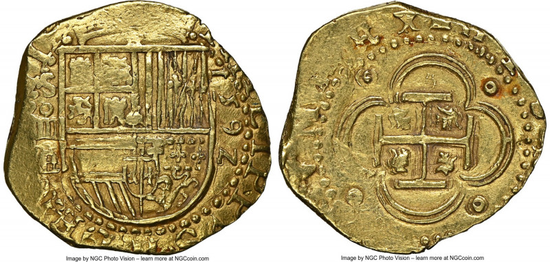 Philip II gold Cob 4 Escudos 1592 S-B AU55 NGC, Seville mint, Cal-895, Cay-4157,...