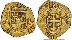 Philip III gold Cob Escudo 1610 S-B AU53 NGC, Seville mint, KM44.2, Cal-1018, Oro Macuquino-59. 3.37gm. A boldly rendered gold Cob, bearing a pleasant...