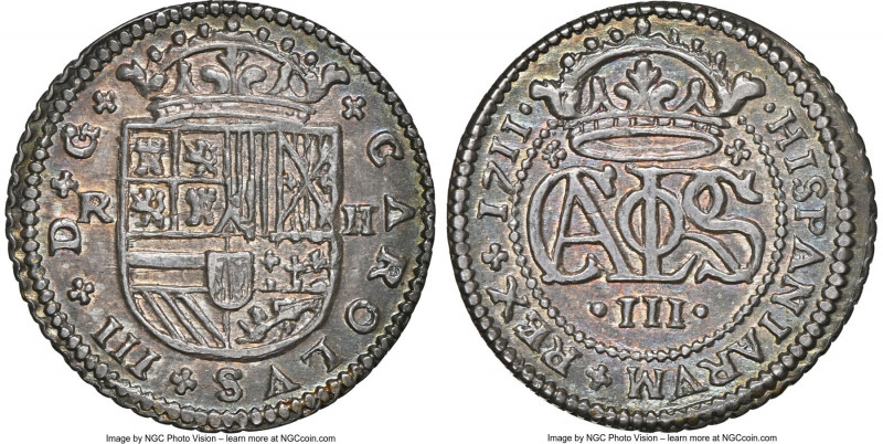 Archduke Charles III of Austria Pretender 2 Reales 1711 MS63 NGC, Barcelona mint...