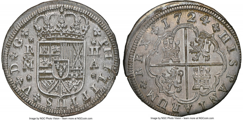 Philip V 2 Reales 1724 M-A MS62 NGC, Madrid mint, KM296, Cal-774. Sharp, and typ...