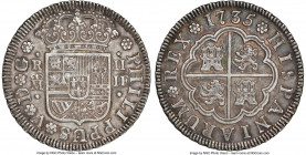 Philip V 2 Reales 1735 M-JF AU55 NGC, Madrid mint, KM296, Cal-783. Compelling for its type, especially when encountered this close to Mint State desig...