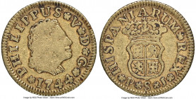 Philip V gold 1/2 Escudo 1744 S-PJ VF20 NGC, Seville mint, KM361.2. Third bust. Variety with date surrounded by rosettes. A moderately circulated exam...