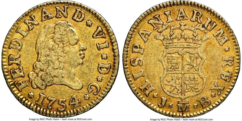 Ferdinand VI gold 1/2 Escudo 1754 M-JB XF40 NGC, Madrid mint, KM378. Mildly circ...