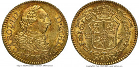 Charles III gold 1/2 Escudo 1772-PJ MS64 NGC, Madrid mint, KM415.1, Cal-1256. A near-gem piece, radiating golden velveteen surfaces with peach hues. T...