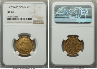 Charles III gold 2 Escudos 1775 M-PJ XF45 NGC, Madrid mint, KM417.1, Cal-1549. Moderately circulated, presenting well-defined devices with dark crevic...