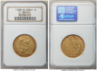 Charles III gold 4 Escudos 1787 M-DV AU55 NGC, Madrid mint, KM418.1a, Cal-1793. Lightly handled, presenting sharp motifs and a peach patina.

HID09801...
