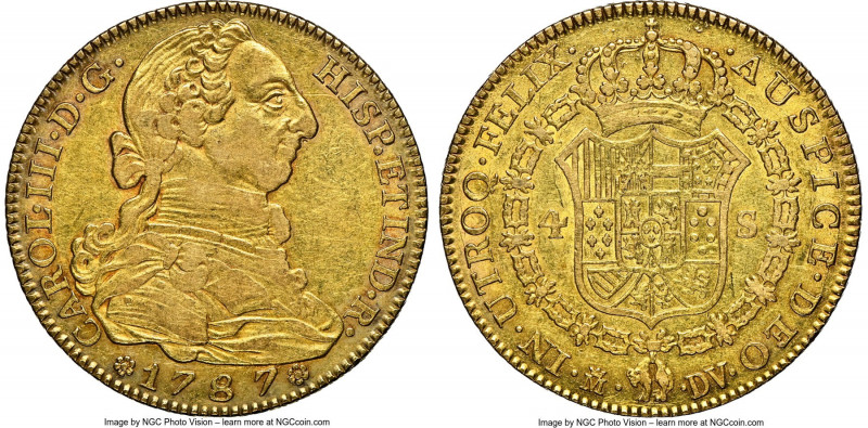 Charles III gold 4 Escudos 1787 M-DV AU53 NGC, Madrid mint, KM418.1a. Lightly ha...