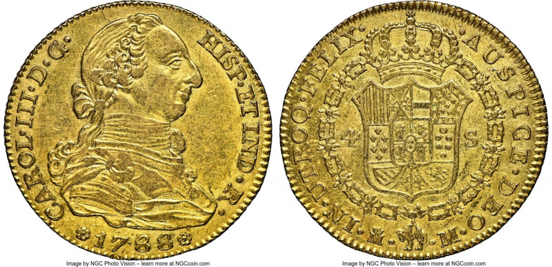 Charles III gold 4 Escudos 1788 M-M/PJ AU Details (Cleaned) NGC, Madrid mint, KM...