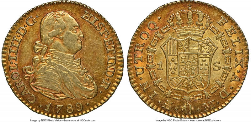 Charles IV gold Escudo 1789 M-MF AU58 NGC, Madrid mint, KM434, Cal-1106. Boldly ...