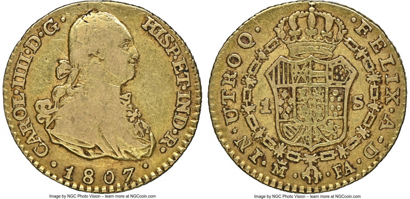Charles IV gold Escudo 1807 M-FA VF30 NGC, Madrid mint, KM434, Cal-1317. Moderat...