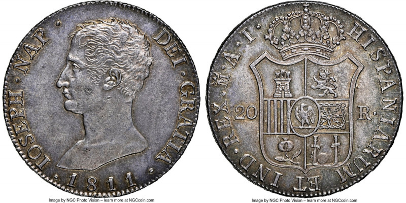 Joseph Napoleon "De Vellon" 20 Reales 1811 M-AI AU58 NGC, Madrid mint, KM551.2, ...