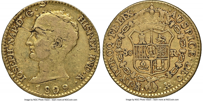 Joseph Napoleon gold "De Vellon" 80 Reales 1809 M-AI VF Details (Obverse Planche...