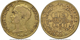 Joseph Napoleon gold "De Vellon" 80 Reales 1809 M-AI VF Details (Obverse Planchet Flaw) NGC, Madrid mint, KM542, Cal-47. Moderately circulated, presen...