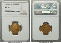 Ferdinand VII gold 2 Escudos 1826 M-AJ AU50 NGC, Madrid mint, KM483.1, Cal-1632. A mildly handled piece, displaying well-defined motifs and toned surf...