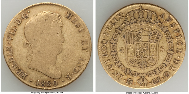 Ferdinand VII gold 4 Escudos 1820 M-GJ Fine, Madrid mint, KM484, Cal-1716. Well-...