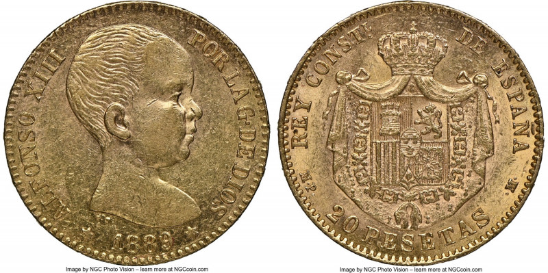 Alfonso XIII gold 20 Pesetas 1889(89) MP-M AU58 NGC, Madrid mint, KM693, Cal-113...