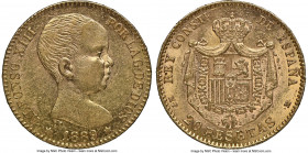 Alfonso XIII gold 20 Pesetas 1889(89) MP-M AU58 NGC, Madrid mint, KM693, Cal-113. Borderline Mint State, presenting crisp devices and lustrous satin f...