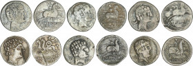 Lote 6 monedas Denario. ICALCUSCEN, SECOBIRICES (4), TURIASO. AR. Pátina. A EXAMINAR. BC a MBC.