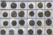 Lote 25 monedas As. AE. ACCI (2), CAESAR AUGUSTA (2), CALAGURRIS (2), CARMO (2), COLONIA ROMULA (2), EMERITA (2), ILIPENSE (2), ILIPLA, OBULCO (6), UL...