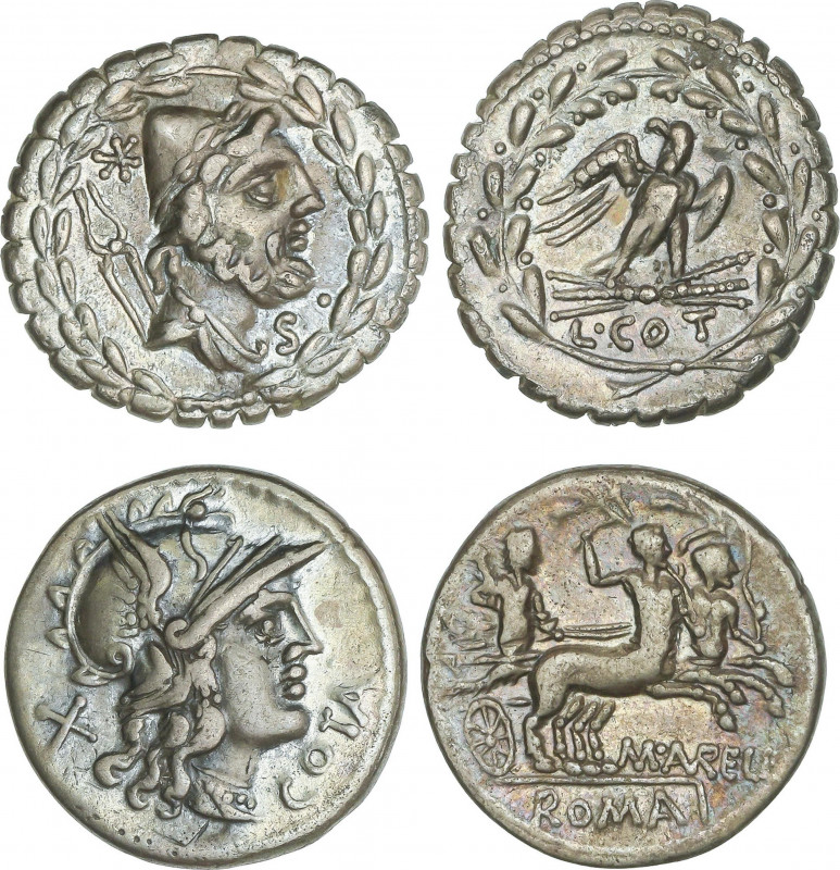 Lote 2 monedas Denario. 139 a 105 a.C. AURELIA. AR. Pátina. A EXAMINAR. FFC-184,...