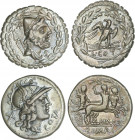 Lote 2 monedas Denario. 139 a 105 a.C. AURELIA. AR. Pátina. A EXAMINAR. FFC-184, 187. MBC a MBC+.