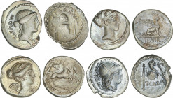 Lote 4 monedas Denario. 46 a.C. CARISIA. AR. Pátina. A EXAMINAR. FFC-536, 541, 548, 551. MBC- a MBC.