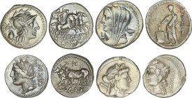 Lote 4 monedas Denario. 126 a 55 a.C. CASSIA. AR. Pátina. A EXAMINAR. FFC-554, 555, 556, 561. MBC- a MBC.