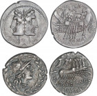 Lote 2 monedas Denario. 114-113 y 138 a.C. FONTEIA y GELLIA. C. Fonteius y Cnaeus Gellius. Rev.: Galera a izquierda con timonel y remeros, encima C. F...