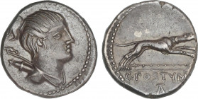 Denario. 74 a.C. POSTUMIA. C. Postumius At. (o Ta.). Anv.: Cabeza de Diana a derecha, con arco y carcaj. Rev.: Perro a derecha, debajo lanza. En exerg...