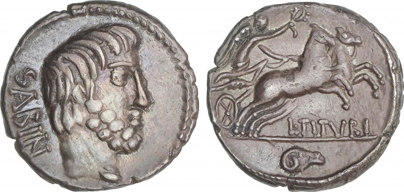 Denario. 89 a.C. TITURIA. L. Titurius L.f. Sabinus. Anv.: Cabeza del rey Tatius ...