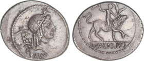 Denario. 45 a.C. VALERIA. L. Valerius Acisculus. Anv.: Cabeza de Apolo Soranus a derecha, detrás martillo y ACISCVLVS, encima estrella. Rev.: Valeria ...
