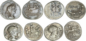 Lote 4 monedas Denario. FABIA (2), FARSULEIA, FONTEIA. AR. Pátina. A EXAMINAR. FFC-697, 702, 707, 713. MBC- a MBC+.