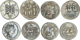 Lote 4 monedas Denario. CUPIENNA, DECIMIA, FUNDANIA, FURIA. AR. Pátina. A EXAMINAR. FFC-665, 673, 727, 730. MBC- a MBC+.