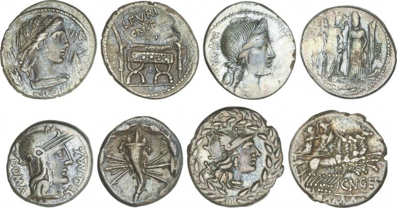 Lote 4 monedas Denario. EGNATIA, FABIA, FURIA, GELLIA. AR. Pátina. A EXAMINAR. F...