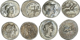 Lote 4 monedas Denario. FABIA, FLAMINIA, FONTEIA, HERENNIA. AR. Pátina. A EXAMINAR. FFC-703, 708, 723, 745. MBC- a MBC+.