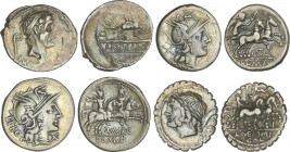 Lote 4 monedas Denario. JUVENTIA, MARCIA (2), MEMMIA. AR. Pátina. A EXAMINAR. FFC-799, 848, 894, 908. MBC- a MBC+.