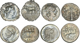Lote 4 monedas Denario. MAENIA, MARIA, MEMMIA, MINUCIA. AR. Pátina. A EXAMINAR. FFC-830, 901, 911, 924. MBC- a MBC+.