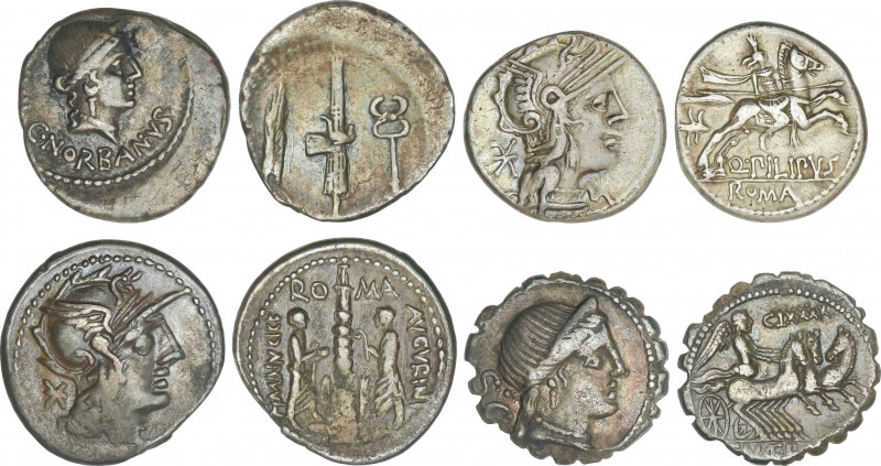 Lote 4 monedas Denario. MARCIA, MINUCIA, NAEVIA, NORBANA. AR. Pátina. A EXAMINAR...