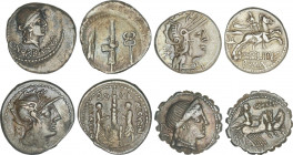 Lote 4 monedas Denario. MARCIA, MINUCIA, NAEVIA, NORBANA. AR. Pátina. A EXAMINAR. FFC-849, 925, 937, 943. MBC- a MBC+.