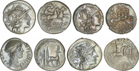 Lote 4 monedas Denario. PINARIA, PLANCIA, PORCIA, RENIA. AR. Pátina. A EXAMINAR. FFC-964, 991, 1051, 1088. MBC a MBC+.