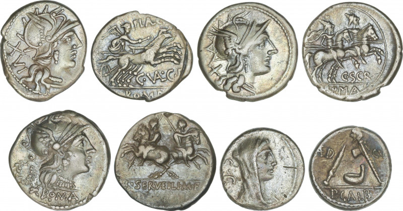 Lote 4 monedas Denario. SCRIBONIA, SERVILIA, SULPICIA, VALERIA. AR. Pátina. A EX...