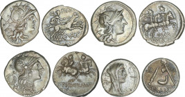 Lote 4 monedas Denario. SCRIBONIA, SERVILIA, SULPICIA, VALERIA. AR. Pátina. A EXAMINAR. FFC-1100, 116, 1134, 1164. MBC- a MBC+.