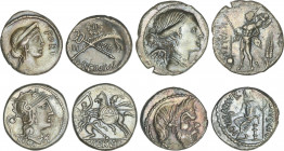 Lote 4 monedas Denario. SERVILIA, SICINIA, VALERIA, VIBIA. AR. Pátina. A EXAMINAR. FFC-114, 1130, 1165, 1219. MBC a MBC+.