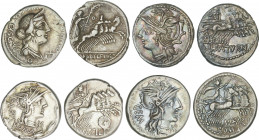 Lote 4 monedas Denario. ABURIA, ACILIA, ANNIA, APPULEIA. AR. Pátina. A EXAMINAR. FFC-88, 92, 139, 162. MBC- a MBC.