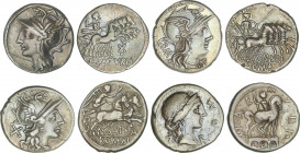 Lote 4 monedas Denario. ABURIA, AEMILIA, AFRANIA, APULEIA. AR. Pátina. A EXAMINAR. FFC-89, 103, 133, 161. MBC- a MBC.