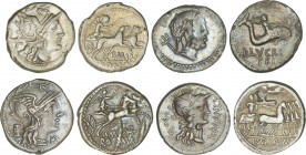 Lote 4 monedas Denario. LUCRETIA, MAIANIA, MANLIA, MARCIA. AR. Pátina. A EXAMINAR. FFC-824, 832, 841, 850. MBC- a MBC.