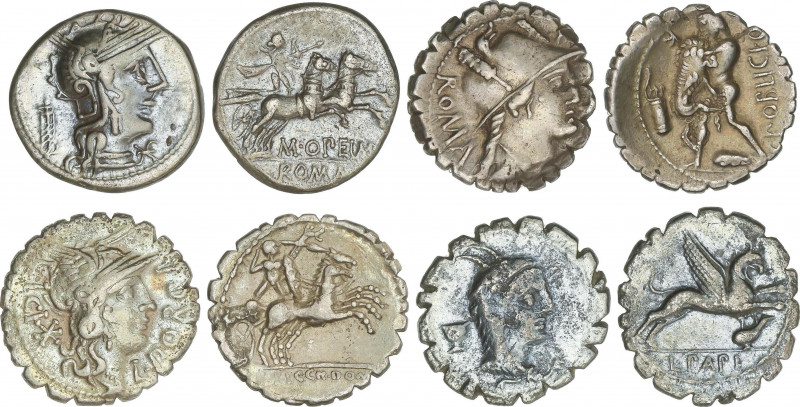 Lote 4 monedas Denario. OPIMIA, PAPIA, POBLICIA, PORCIA. AR. Pátina. A EXAMINAR....