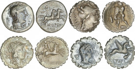 Lote 4 monedas Denario. OPIMIA, PAPIA, POBLICIA, PORCIA. AR. Pátina. A EXAMINAR. FFC-950, 952, 1017, 1054. MBC- A MBC.